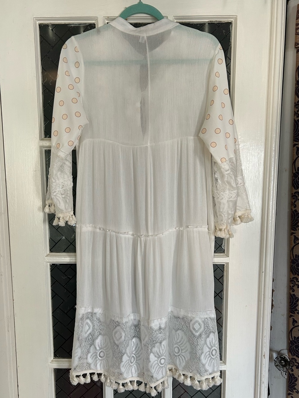 White Long Tiered Boho Dress Lace Polka Dots Romantic Cottagecore Size Small - Picture 6 of 14
